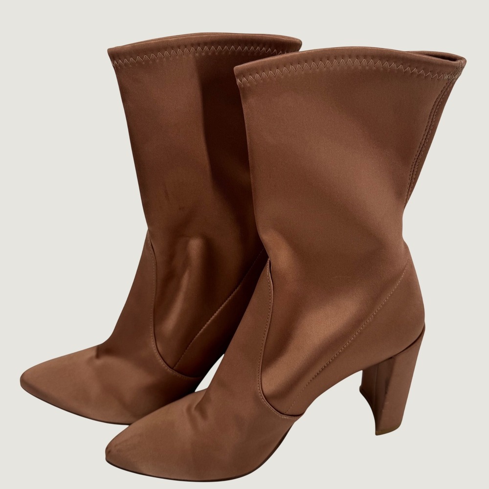 Stuart Weitzman Satin Sock Boots Pointed Toe Block Heel Rosy Made in Spain Chic